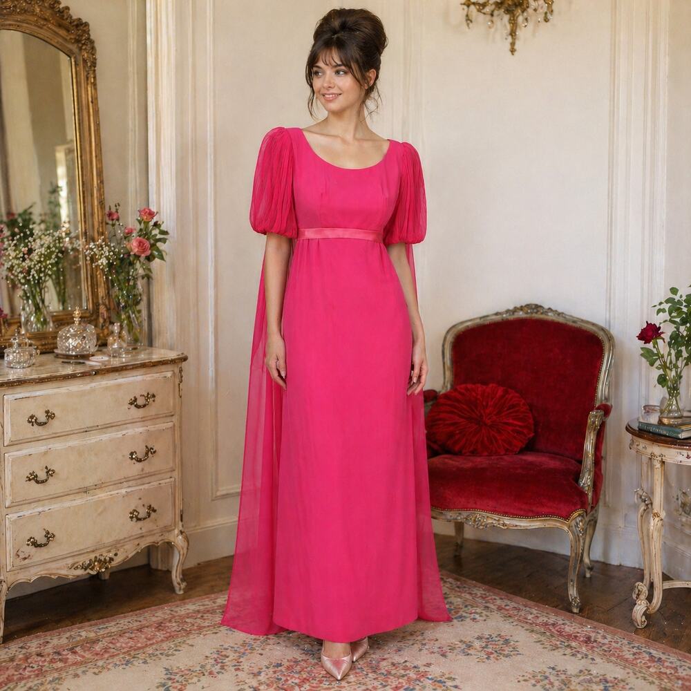 1960s Hot Pink Chiffon Watteau Train Column Gown - S